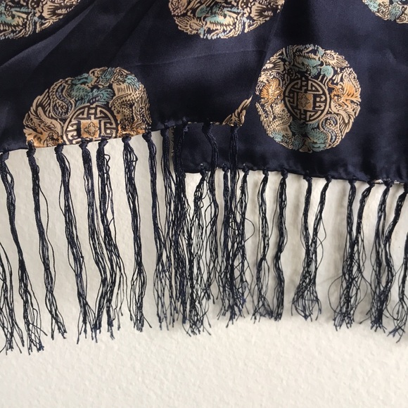 100% Silk Scarf Navy Blue Dragon Motif Double Sided Scarf - Picture 4 of 9